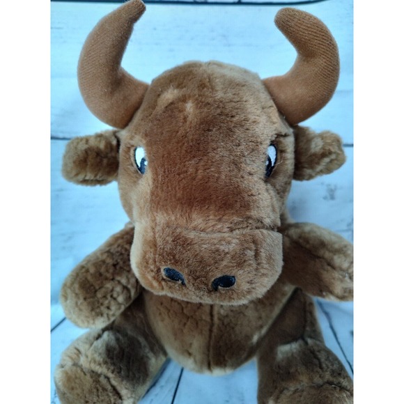 11 Inches LOGO BEAR LONG HORN BULL PLUSH STUFFED ANIMAL BROWN TOY SITTING - Picture 2 of 6